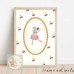 Vintage Style Ballerina Mouse With A Cherry Print Background. Perfect For Girls Bedroom, Nursery Or Playroom - Print Only - thumbnail 2