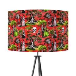 Red Lime Green Day Of The Dead Toile Skeleton Velvet Lampshade - Drum Lamp Shade 25cm 30cm 35cm 40cm 45cm Table Lamp Ceiling Pendant Horror
