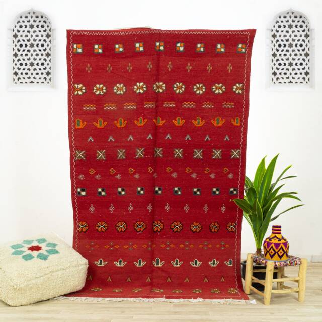 Handmade Red Moroccan Kilim Rug Flatwoven Berber Wool, Boho Geometric Pattern - image 1