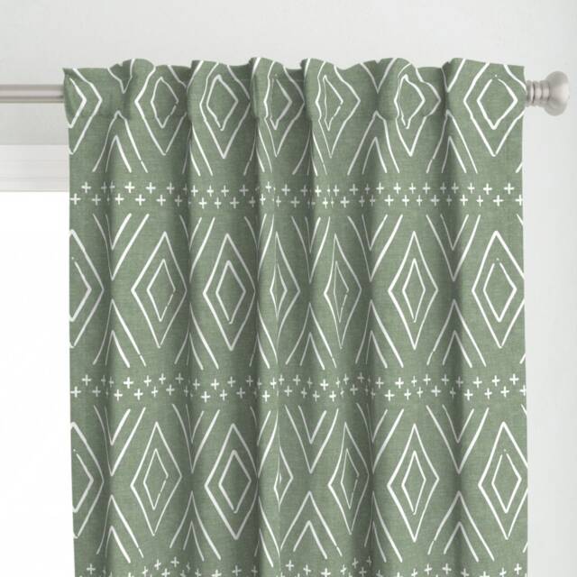 Green Boho Diamonds Curtain Panel - Sage Mudcloth Bohemian Geometric Custom By Littlearrowdesign - image 1