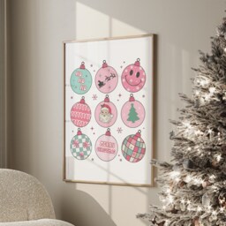 Christmas Baubles Art Print, Retro Wall Pink Decor, Pastel Decor Xmas Poster 1697 - thumbnail 2