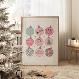 Christmas Baubles Art Print, Retro Wall Pink Decor, Pastel Decor Xmas Poster 1697 - thumbnail 1