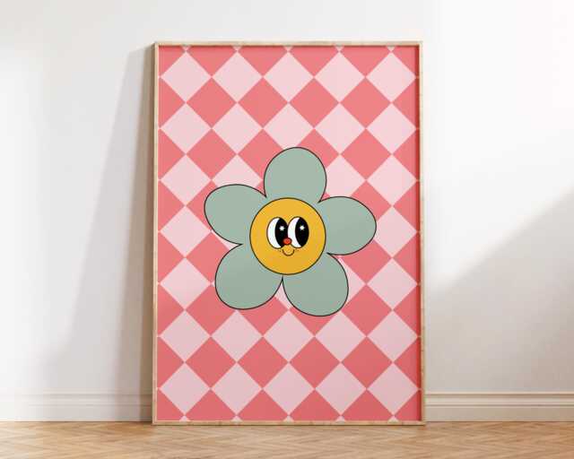 Girls Retro Flower Print - Checkerboard Bedroom Playroom Nursery Cute Girly Decor Flowers Pink Green Girl Power Teen - image 1