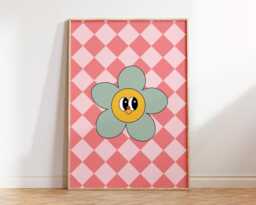 Girls Retro Flower Print - Checkerboard Bedroom Playroom Nursery Cute Girly Decor Flowers Pink Green Girl Power Teen - thumbnail 1