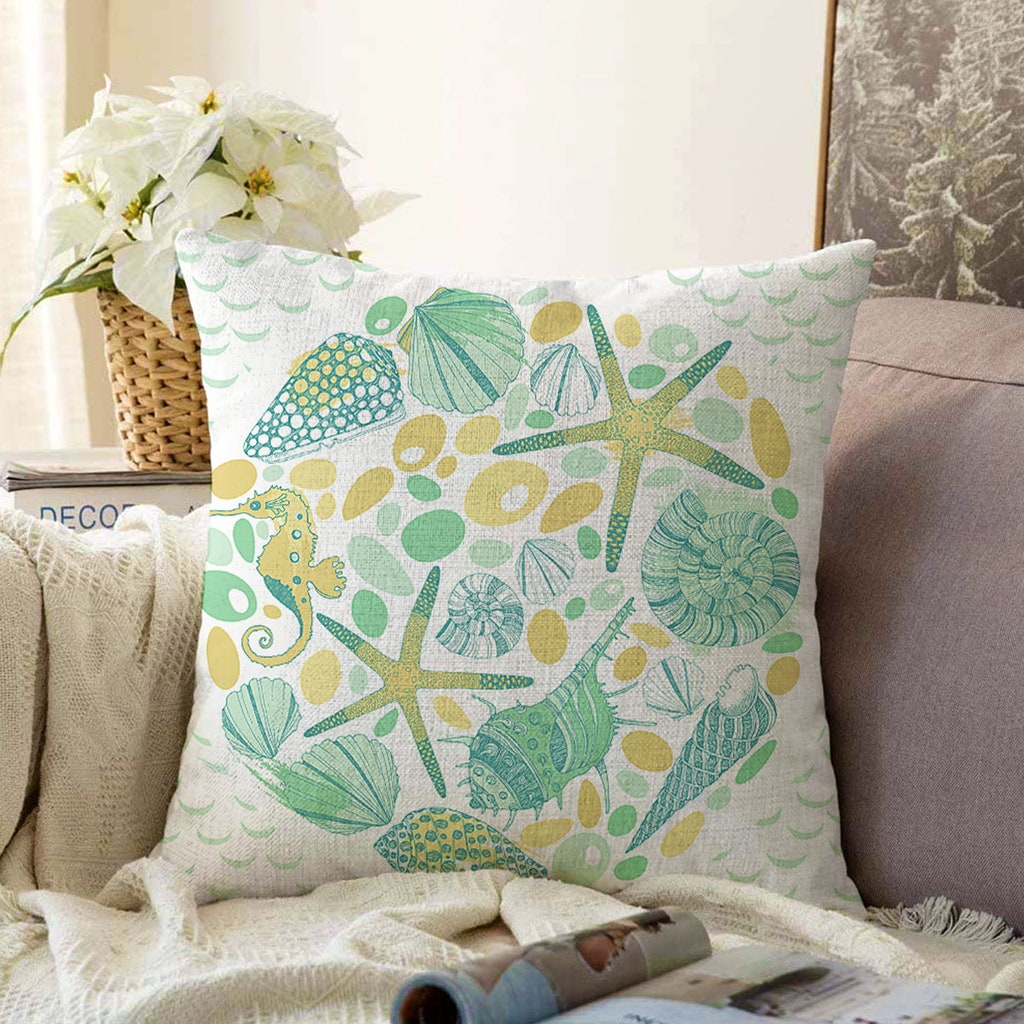 Sea Life Cushion Cover-Green Nautical Pillow Case-Coastal Home
