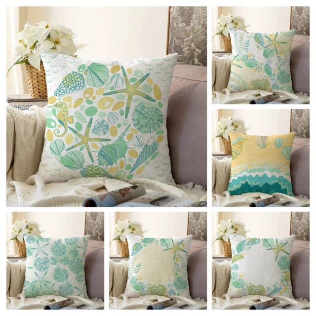 Sea Life Cushion Cover-Green Nautical Pillow Case-Coastal Home Decoration-Beach Living Room Decor-Seastar Case-Seashell Cover