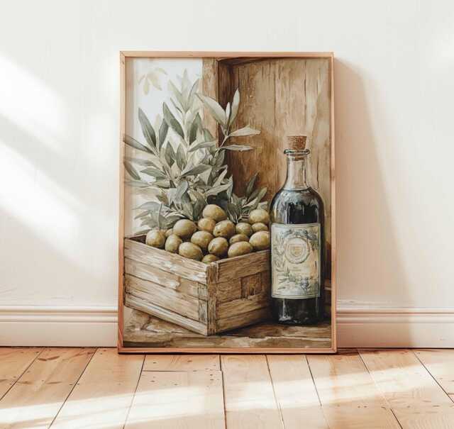 Rustic Olive Oil Poster, Mediterranean Kitchen Wall Art, Tuscan Food Print, Farmhouse Decor, Vintage Tree Botanical Artwork
