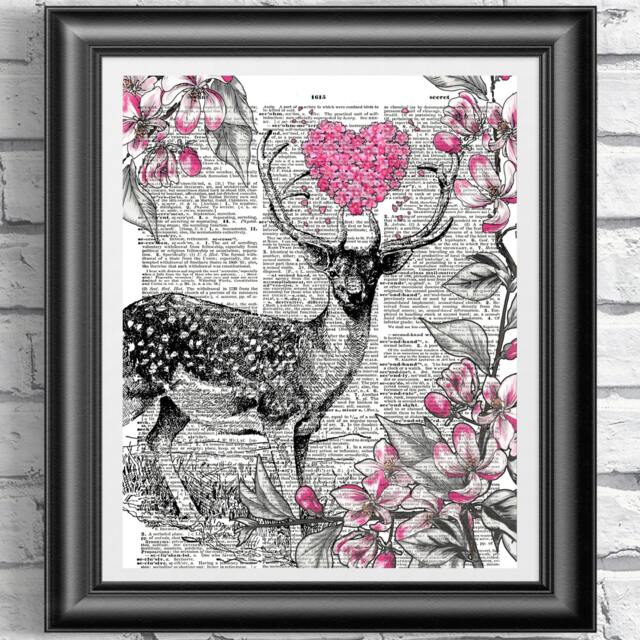 Deer On Antique Dictionary Book Page. Black & Pink Print Old Wall Art, Wall Decor - image 1