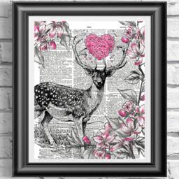 Deer On Antique Dictionary Book Page. Black & Pink Print Old Wall Art, Wall Decor - thumbnail 1