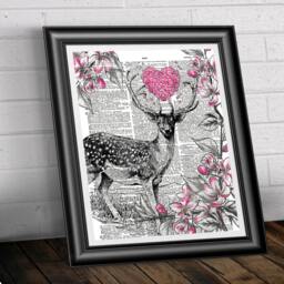 Deer On Antique Dictionary Book Page. Black & Pink Print Old Wall Art, Wall Decor - thumbnail 2