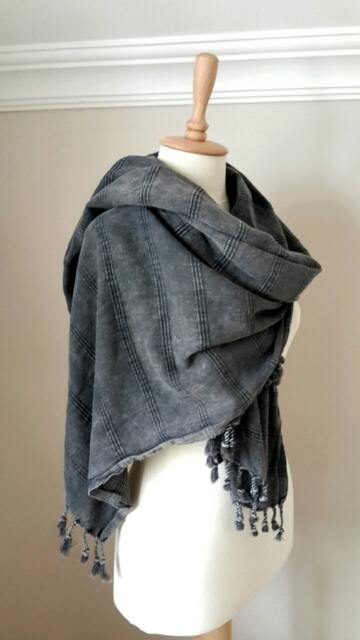 Charcoal Grey Cotton Scarf Wrap - Stonewashed Throw Blanket With Tassels - image 1