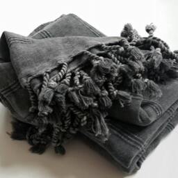 Charcoal Grey Cotton Scarf Wrap - Stonewashed Throw Blanket With Tassels - thumbnail 4