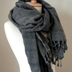 Charcoal Grey Cotton Scarf Wrap - Stonewashed Throw Blanket With Tassels - thumbnail 3