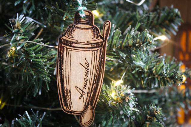Personalised Cocktail Shaker Christmas Ornament Cocktails Bartender Mixologist Custom Bauble Engraved Wooden Tree Decoration - image 1