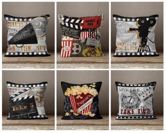 Cinema Cushion Cover/Movie Hollywood Home Throw Pillow Case/Movie Night Black Gray Popcorn Cushion/Movie Decor - image 1