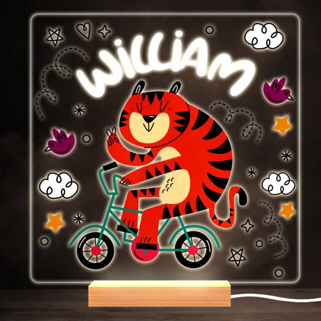 Cute Tiger On Bike Colourful Square Personalised Gift Led Lamp Night Light - Bedroom - image 1