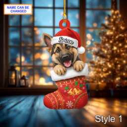 Custom Name Dog in Stocking Shepherd Personalized Ornament, Christmas Tree Hanging Decor, 2D Flat Acrylic Ornament Holiday Gift