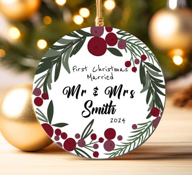 Personalised First Christmas Married Gift Wedding Gift Mr Mrs Newlywed Botanical Greenery Design Acrylic Round Ornament Keepsake - image 1