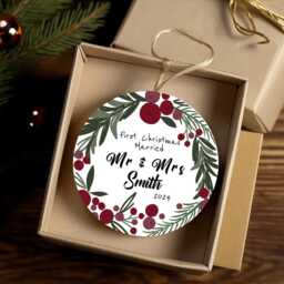 Personalised First Christmas Married Gift Wedding Gift Mr Mrs Newlywed Botanical Greenery Design Acrylic Round Ornament Keepsake - thumbnail 3