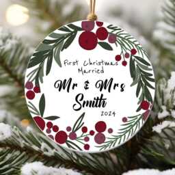 Personalised First Christmas Married Gift Wedding Gift Mr Mrs Newlywed Botanical Greenery Design Acrylic Round Ornament Keepsake - thumbnail 4