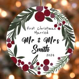 Personalised First Christmas Married Gift Wedding Gift Mr Mrs Newlywed Botanical Greenery Design Acrylic Round Ornament Keepsake - thumbnail 2