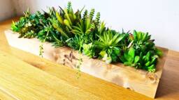 Faux Succulent Planter Artificial Foliage Wooden Centrepiece, Natural Modern Home Decor - thumbnail 1