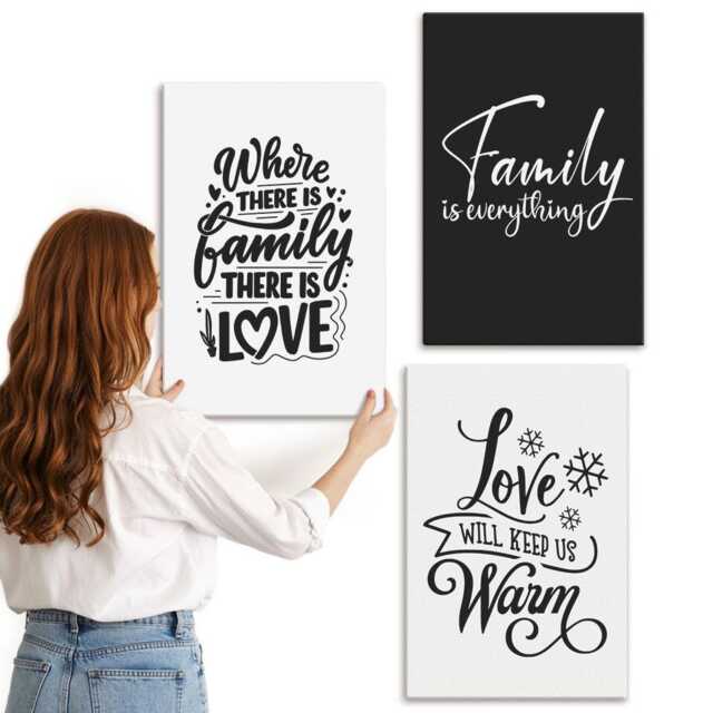 Canvas Set Of 3 - Family, Love, Warmth, Home, Inspirational Quotes, Black & White Photo Print, Sentences Wall Decor - image 1