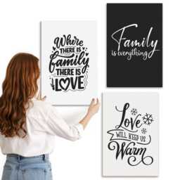 Canvas Set Of 3 - Family, Love, Warmth, Home, Inspirational Quotes, Black & White Photo Print, Sentences Wall Decor - thumbnail 1