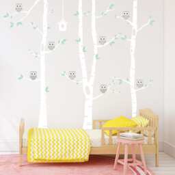 Birch Tree & Birds Wall Sticker Owls Nursery Decal Playroom Trees Wall Decor With - thumbnail 1