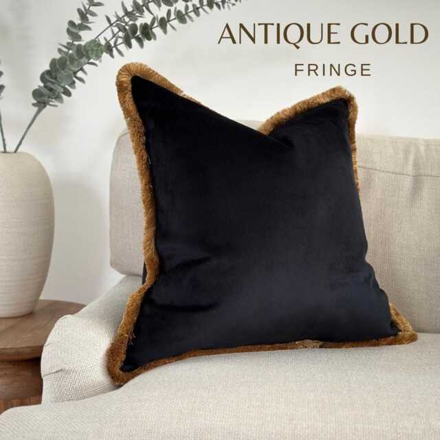 Black Velvetthrow Pillow/Cushion Cover With Customisable Antique Gold Fringe - Handmade UK All Sizes - image 1