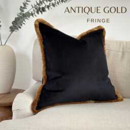 Black Velvetthrow Pillow/Cushion Cover With Customisable Antique Gold Fringe - Handmade UK All Sizes - thumbnail 1