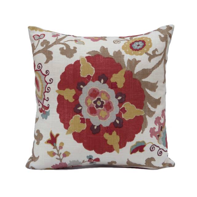 Silsila Curry Pillow Cover, Suzani Floral, Lumbar Pillow, Braemore Silsila, Linen Blend Pillow, Orange Red-Yellow-Tan & Cream Throw - image 1