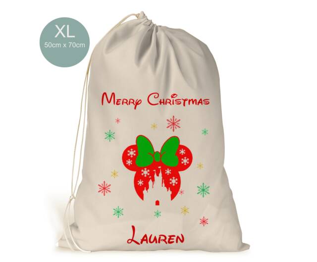 Personalised Xl Drawstring Christmas Sack/stocking..minnie Mouse Silhouette Hanging Unisex Xmas Present Sack Gift Bag