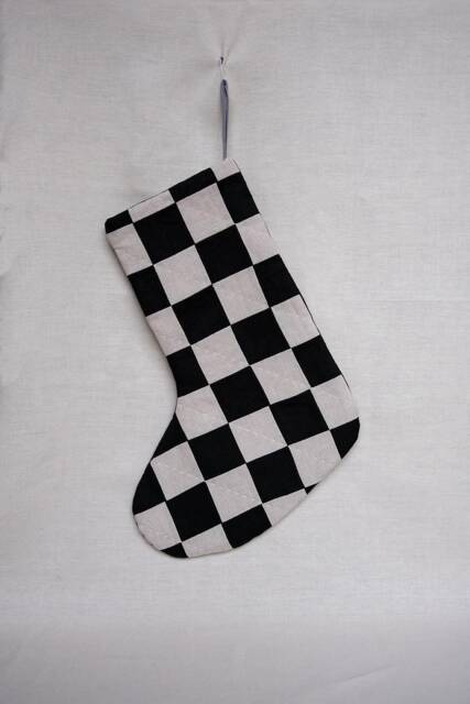 Hand Quilted Chequerboard Patchwork Linen Modern Heirloom Christmas Stocking - image 1