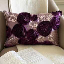 Purple Art Silk Ribbon Rose With Sequin Embellished Floral Pattern Lumbar Pillow Cover, Modern Oblong Cushion Cover - Wine Roses