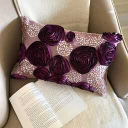 Purple Art Silk Ribbon Rose With Sequin Embellished Floral Pattern Lumbar Pillow Cover, Modern Oblong Cushion Cover - Wine Roses - thumbnail 2