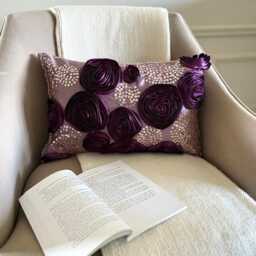 Purple Art Silk Ribbon Rose With Sequin Embellished Floral Pattern Lumbar Pillow Cover, Modern Oblong Cushion Cover - Wine Roses - thumbnail 3