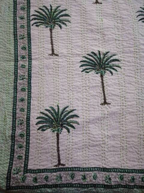 A Beautiful Tree Print Indian Handmade Kantha Quilt Perfect Bed Matching Bedspread Size Multi - image 1