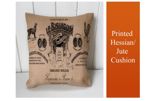 Dog Chicken Advert Vintage - Cushion Fabric Panel Or Case Or With Filling Rustic Natural Jute Burlap Hessian