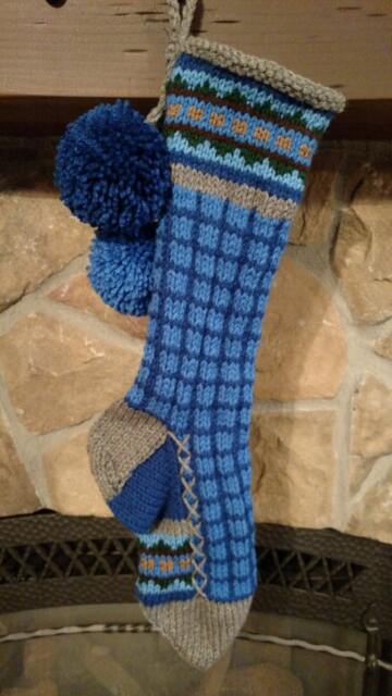 Hand Knit Christmas Stocking Gray Blue Windowpane Check Fancy Border B Santa's Works - image 1