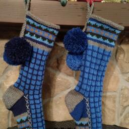 Hand Knit Christmas Stocking Gray Blue Windowpane Check Fancy Border B Santa's Works - thumbnail 2