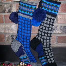 Hand Knit Christmas Stocking Gray Blue Windowpane Check Fancy Border B Santa's Works - thumbnail 3
