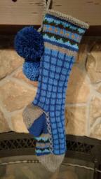 Hand Knit Christmas Stocking Gray Blue Windowpane Check Fancy Border B Santa's Works - thumbnail 1
