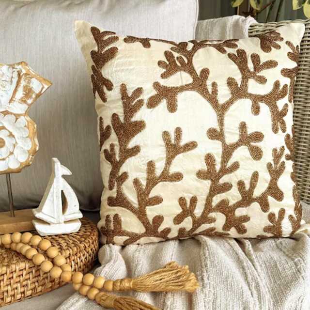 Art Silk Beaded Embroidered Coastal Gold, 24x24/26x26, Beach Style Euro Sham - Coral Shine - image 1