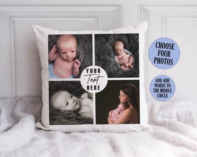 Personalised Photo Cushion, Collage Pillow, Picture Gifts For Her & Him, Add Your Own Text, Present Mum Nan Dad Grandad - image 1