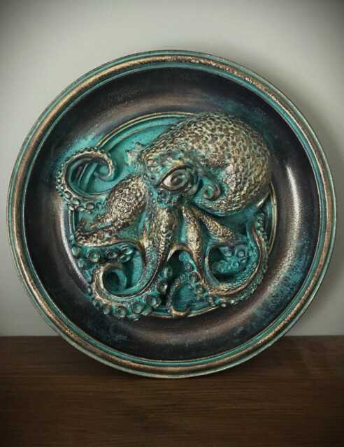 Verdigris Octopus Wall Plaque, Kraken Sculpture, Coastal Decor - image 1