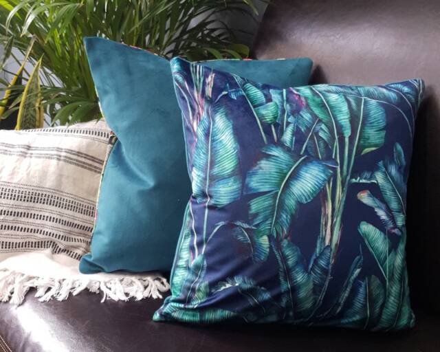 Midnight Blue Velvet Cushion Cover Tropical Leaf Print Sofa Pillow - image 1