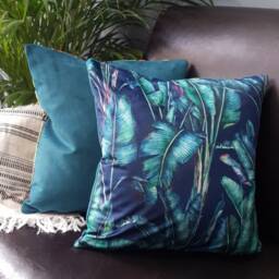Midnight Blue Velvet Cushion Cover Tropical Leaf Print Sofa Pillow - thumbnail 2