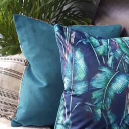 Midnight Blue Velvet Cushion Cover Tropical Leaf Print Sofa Pillow - thumbnail 3