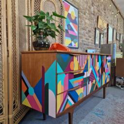 Made To Order, Artisan Crafted Mid-Century Sideboard Credenza, Custom Geometric Design, Hand-Painted Bespoke Home Decor - thumbnail 3